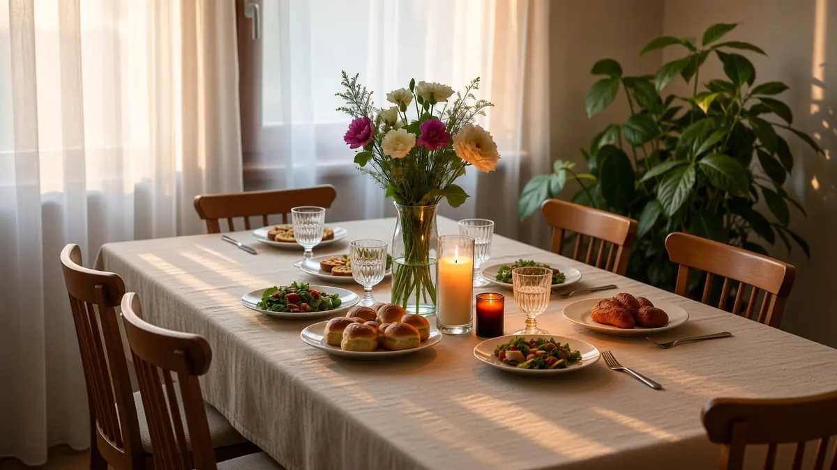 A family dinner table laid for five in the afternoon light: flowers,
                a lit candle, bread, salad and a plate at every seat.